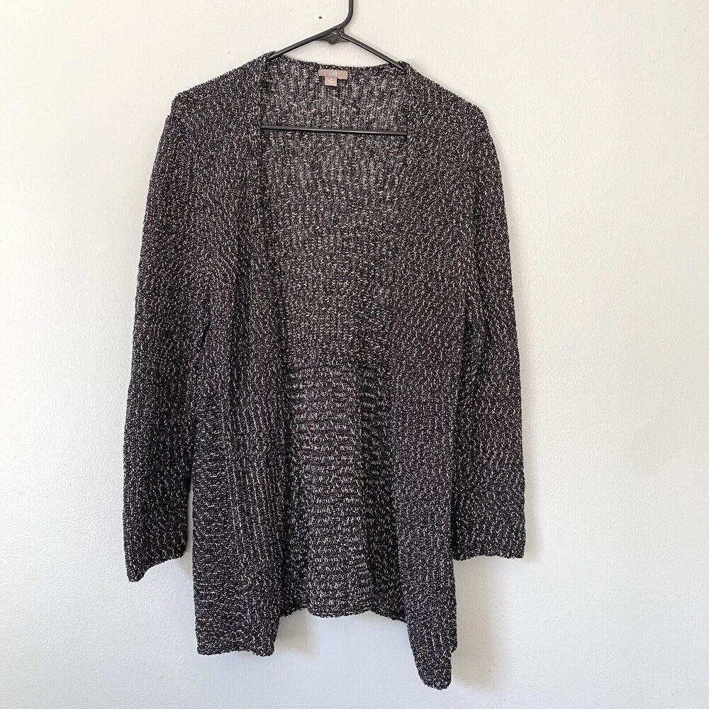 J. Jill Cardigan Sweater Womens Large Open Front Knit Rayon Blend Black White